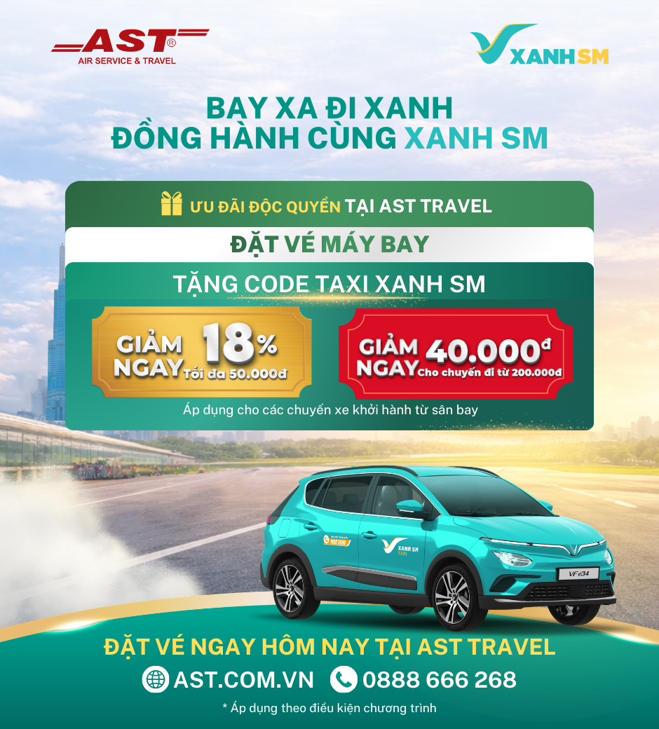 Tang voucher taxi Xanh SM khi khach hang dat ve EVA Air tại AST Travel